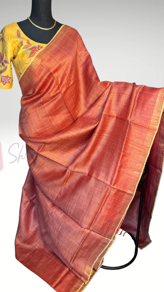 Salmon pink saree Handloom silk Tussar with embroidery silk blouses zari borders and fine checks Partywear bridesmaids