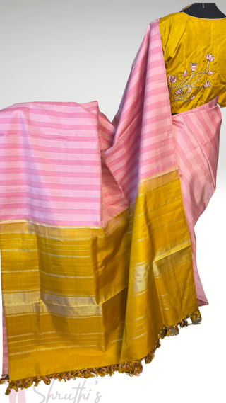 Pure Handwoven Pastel Pink pure handwoven kanchi pattu saree with hand embroidered  blouse