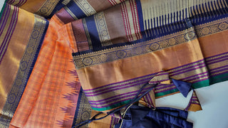 Vintage revival Traditional checks gopuram design temple old world vintage kanchi pattu saree Orange handwoven Kai korvai stitched blouses