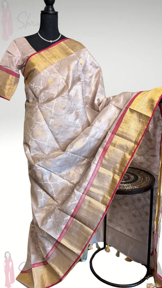 Tissue Gold Chanderi pastel tissue silk saree with pen hand embroidered silk blouse
