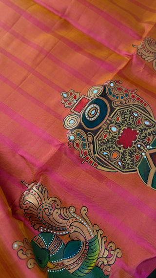 Tanjore Hand painted saree  Kanchi pattu yellow saree with gold pallu easy drape pure silk saree usa