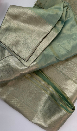 Pure silk pastel green tissue kanjivaram silk saree with stitched Indian wedding muhurtam silk bridal blouse online shopping usa