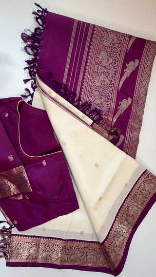 Ven Pattu kanjivaram purple  Kanchi pattu saree gold silver zari Indian wedding saree pure silk saree with stitched blouse usa online shopping