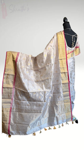 Tissue Gold Chanderi pastel tissue silk saree with pen hand embroidered silk blouse