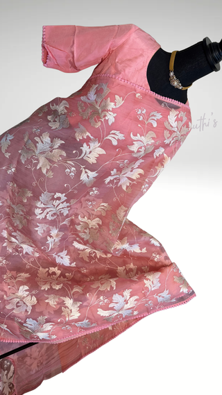 Pastel Pink Organza Silk Saree with Silver Floral Embroidery – Lightweight Party Wear Saree Online USA, Ready to Wear with Matching Blouse