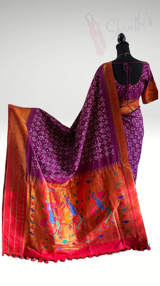PureHandloom Paithani triple muniya handdone Bandhej Patola pure Silk Saree antique zari finish pure silk saree silk finish with stitched blouse Partywear pooja wear ready to ship Saree USA