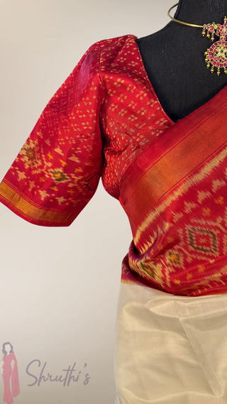 Patola Silk Saree White Red pure silk saree silk finish with stitched blouse Partywear pooja wear ready to ship Saree USA