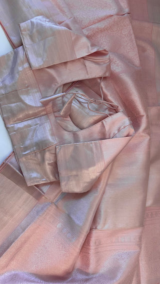 Pastel Pink Brocade kanjivaram silver zari with stitched blouse.