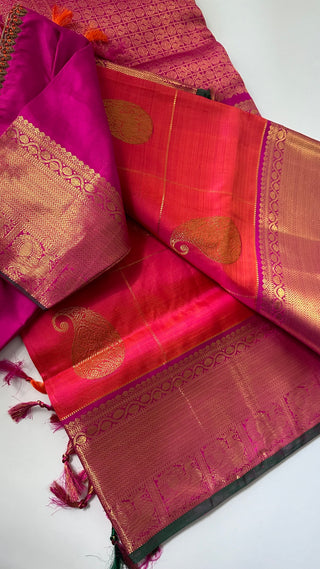 Orange pure kanchi BRIDAL checks  kanchi pattu saree online usa
