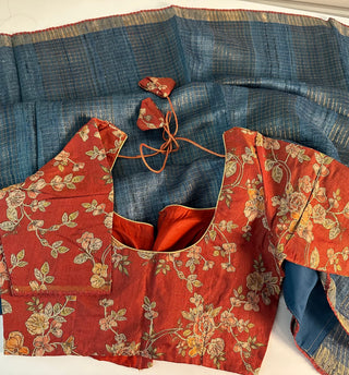 Handloom Tussar silk saree azure blue checks gold zari silk with embroidered  silk stitched blouses Partywear Indian saree usa