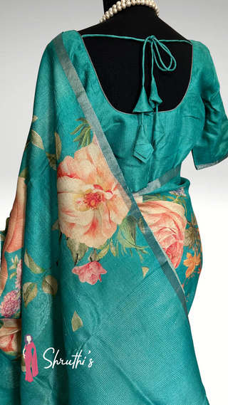 Floral printed Tussar silk saree in turquoise for festive occasions