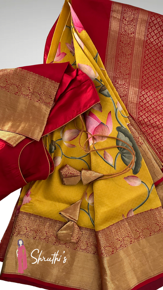 Pure silk bridal saree showcasing intricate Pichwai temple art prints