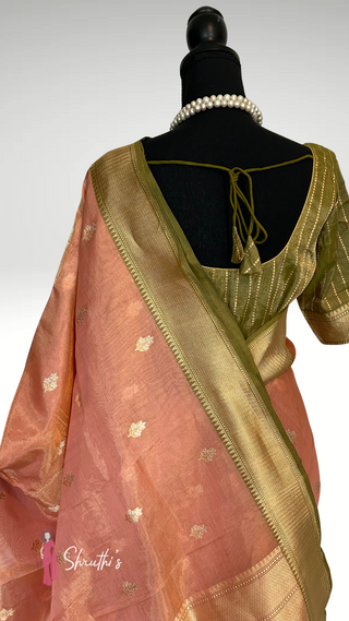 Pure Banaras tissue silk saree online in USA – peach saree with olive green blouse and golden border