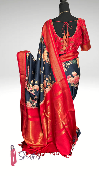 Indian twill silk saree in black, lightweight and elegant, online shopping.