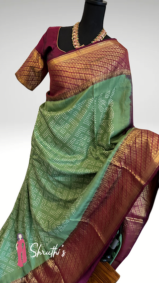 Unique Bandhani silk saree with Kanjivaram temple borders.
