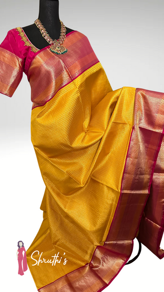 Pure yellow Kanjivaram brocade saree for Indian weddings, ready to ship.
