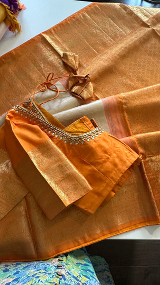 Ven pattu Orange saree White Cream and purple pure zari kanjivaram silk saree with prestitched blouse embroidered blouse