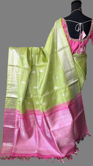 Pastel Lime green vaira oosi silver zari KANJIVARAM SAREE with Hand embroidered blouse Traditional Indian wedding