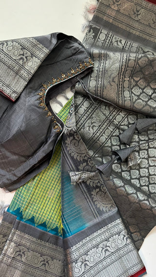 Green checks Gadwal handwoven silk saree with stitched blouse