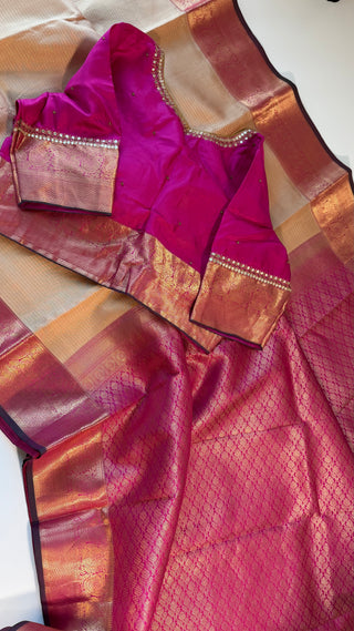 Handloom Pure kanchi Light Almond color  fine vairaoosi pure zari kanjivaram silk saree blouse and pallu indian wedding silk saree online usa