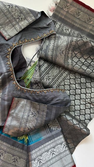 Green checks Gadwal handwoven silk saree with stitched blouse