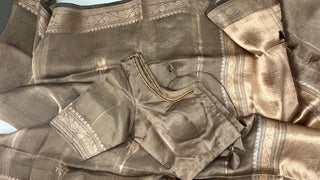 Pure Greyish BrownDouble Tissue beneras soft organza silk saree with blouse online shopping usa