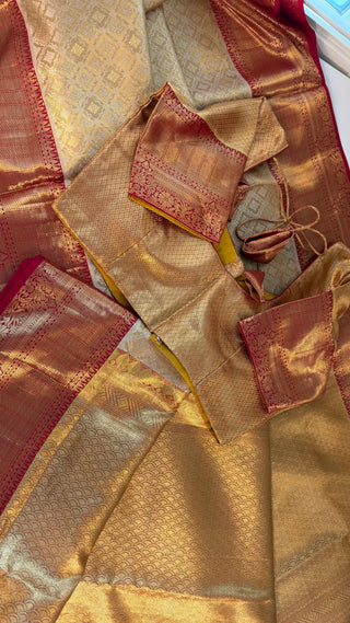 Gold Tissue Red Brocade Pure silk pattumuhurtam saree pure zari Kanjivaram silk saree with prestitched blouse embroidered blouse