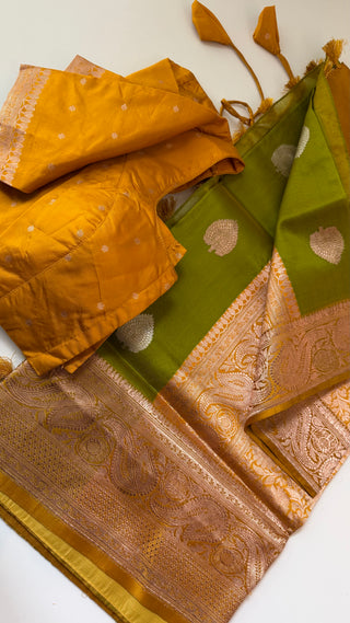 Pure organza beneras silk saree parrot green gold borders with stitched blouse