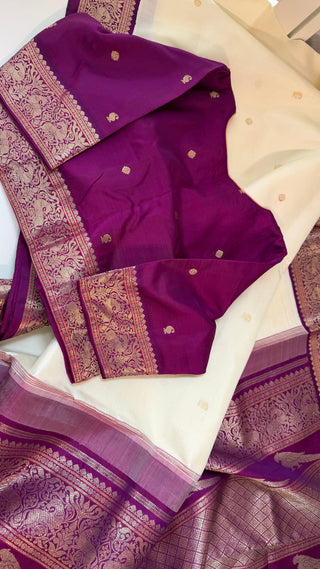 Ven Pattu kanjivaram purple  Kanchi pattu saree gold silver zari Indian wedding saree pure silk saree with stitched blouse usa online shopping