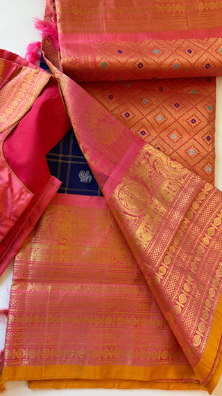 Pure Gadwal silk checks  saree pure zari  dark blue to pink gold zari silk saree