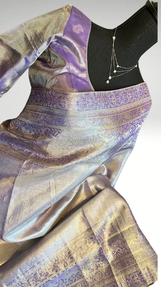 Pastel Lavender vaira oosi silver zari KANJIVARAM SAREE with Hand embroidered blouse