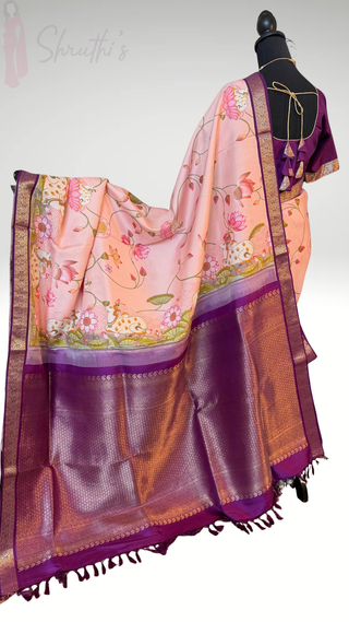 Pure Pichwai kanchi pattu print silk saree with kanchi gold zari  borders and pallu with embroidered blouse online shopping usa pure fusion silk saree usa