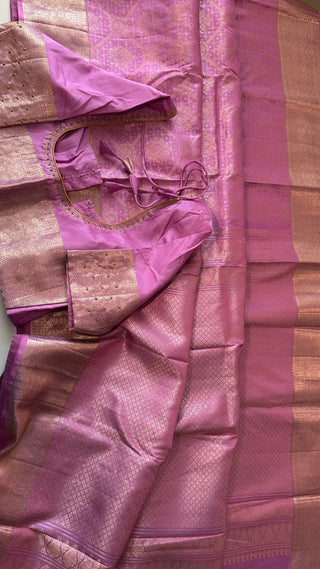 Brocade kanjivaram pastel lavender gold zari with stitched blouse traditional kanchi pattusaree saree Indian wedding
