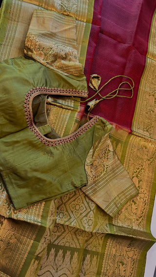 Betalnut Leaf Green  Gadwal handwoven silk saree with embroidered stitched blouse