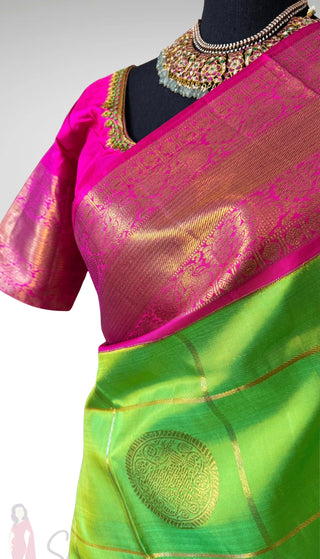 Parrot Green pink Gold checks kanjivaram silk saree with stitched Indian wedding muhurtam silk bridal blouse online shopping usa fine weave easy drape