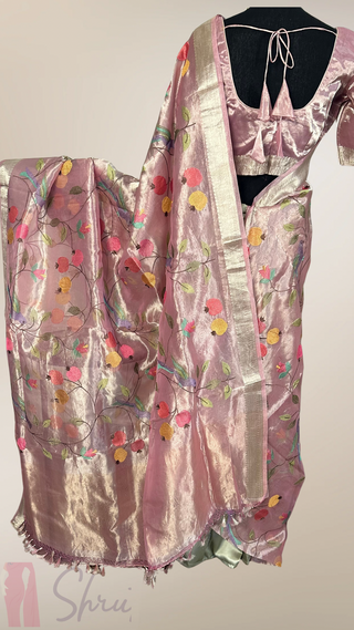 Pure Tissue Pink organza saree stitched blouse saree readymade online USA