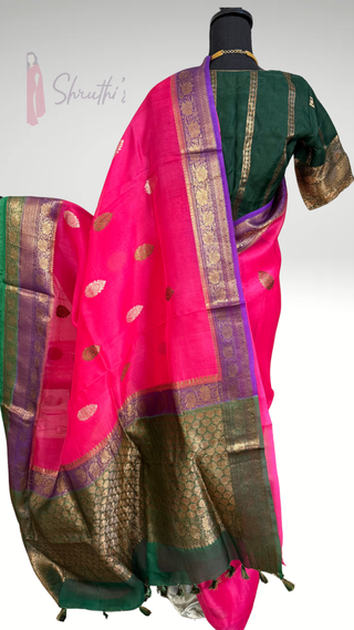 Pure Handloom pink beneras organza saree stitched blouse saree readymade online USA