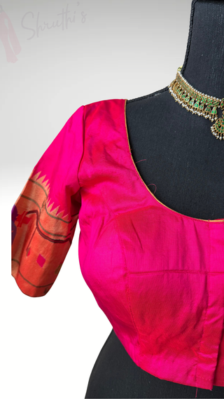 Pink silk blouse Gold pure zari birder Paithani blouse online usa silk blouses ready to wear online shopping blouse online