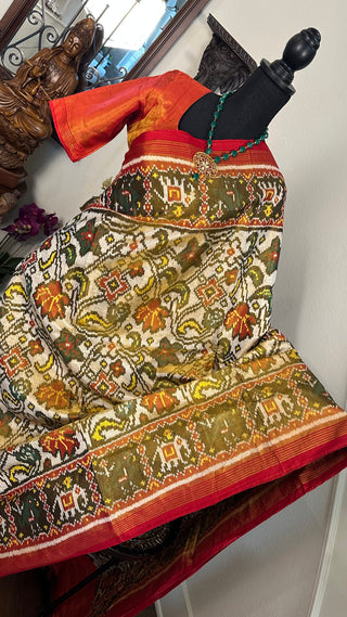Tissue Handloom pure silk Patan patola silk saree with  silk finish pallu double threaded saree with prestitched blouse