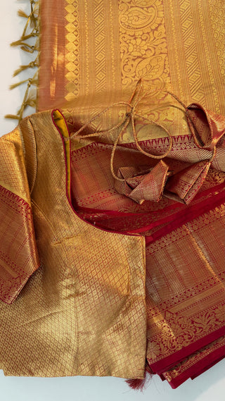 Gold Tissue Red Brocade Pure silk pattumuhurtam saree pure zari Kanjivaram silk saree with prestitched blouse embroidered blouse