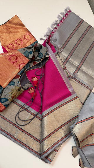 One saree two look’s Handloom Pink kanjivaram silk saree with kalamkari blouse two  stitched blouse  Indian wedding muhurtam silk bridal blouse online shopping usa Diwali