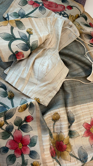Handwoven Tussar hand painted pichwai one of kind tussar silk saree  online and stitched  blouse