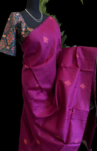 Purple pure Raw silk saree with copper motifs  with printed blouse contrast blouse