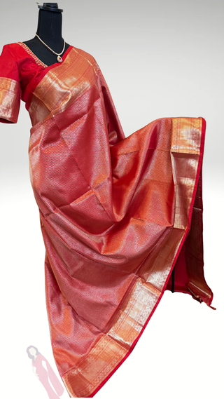 Pure Kanjivaram Red bridal Handloom pure silk silver zari embroidered blouse  Handloom silk saree pure zari  Muhurtam Wedding Saree with ready to wear ship Blouse Online USA