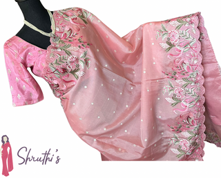 Pastel Pink pure embroidered Kota saree with stitched blouse