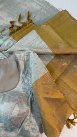 Silver Gold Tissue border Kanjivaram kalyana pattu ven pattu pure zari Pellicheera beige silk saree bridal with stitched hand embroidered blouse design USA vintage gold saree