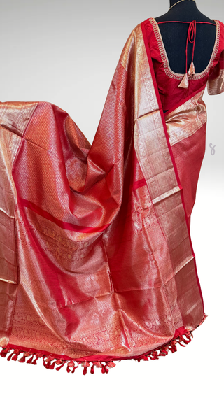 Pure Kanjivaram Red bridal Handloom pure silk silver zari embroidered blouse  Handloom silk saree pure zari  Muhurtam Wedding Saree with ready to wear ship Blouse Online USA