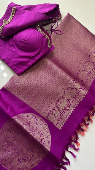 Deep Magenta  Tissue checks  Traditional Pure Silk Kanjivaram Pattu – Old World Charm with Stitched Embroidered Blouse | Ready to Wear Pure Silk Saree for Women – Indian Bridal Online USA