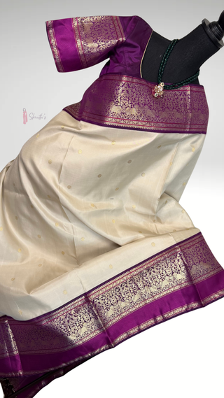 Bridal cream pattu saree ven pattu  White Cream and purple pure zari kanjivaram silk saree with prestitched blouse embroidered blouse