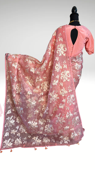 Pastel Pink Organza Silk Saree with Silver Floral Embroidery – Lightweight Party Wear Saree Online USA, Ready to Wear with Matching Blouse